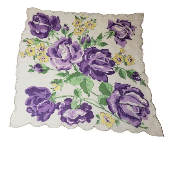 VTG HANKIE LG PURPLE FLOWERS GRAPHIC SCALLOPED EDGE POCKET SCARF BRIDAL WEDDING - Picture 2 of 12